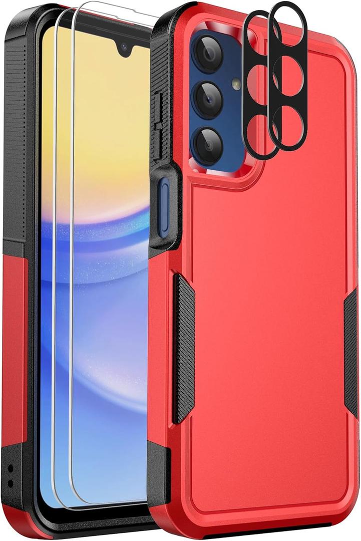 Ezanmull for Samsung Galaxy A15 5G Phone Case, [15 FT Military Grade Drop Protection] [Glass Screen Protector + Camera Lens Protector] Non-Slip Shockproof Case for Samsung Galaxy A15 5G (Red)
