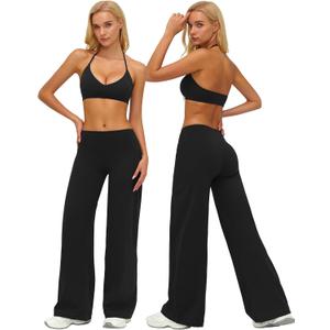 ABOCIW Two Piece Workout Sets for Women V Neck Halter Sports Bra Straight Leg Yoga Pants Gym Pilates Outfits (Black, S)