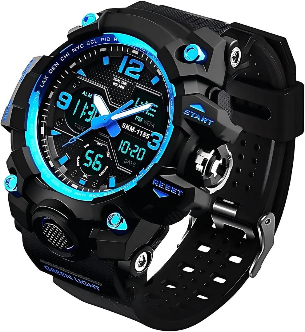 Men's Analog Sports Watch, LED Military Digital Watch Electronic Stopwatch Large Dual Dial Time Outdoor Army Wrist Watch Tactical (Blue)