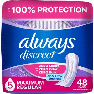 Always Discreet Adult Incontinence Pads for Women, Maximum Absorbency, Regular Length, Postpartum Pads, Up to 100% Bladder Leak Protection, 48 Count