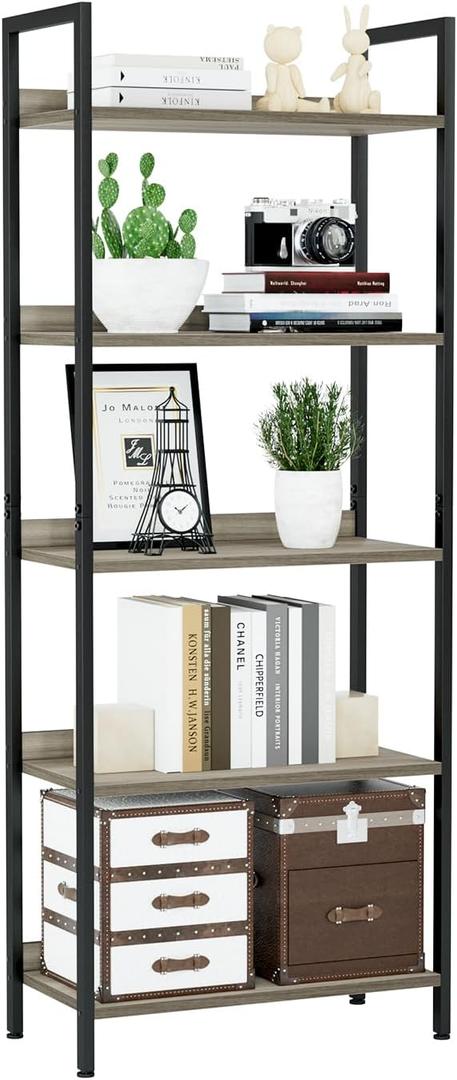 NUMENN Bookshelf, 5 Tier Bookshelves, Home Office Bookcase Shelf Storage Organizer, Free Standing Storage Shelving Unit for Bedroom, Living Room and Home Office, Grey