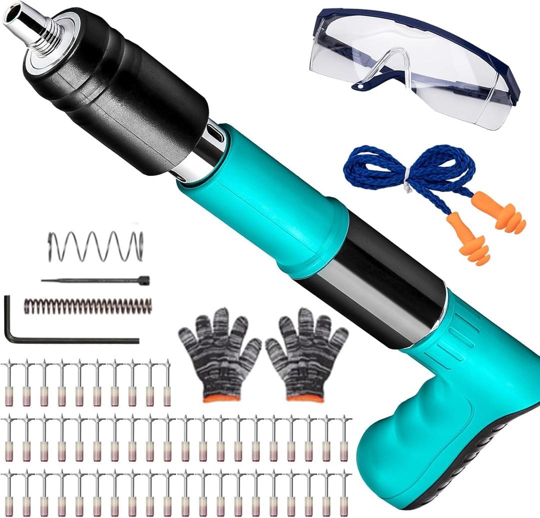 Concrete Nail Gun Kit with 50 PCS Steel Nails, 5 Gear Adjustable Mini Manual Steel Nail Gun for Concrete, Wall Fastening Rivet Tool Wall Nail Shooting Machine for Cement Wall Household Decor, Blue