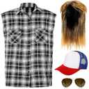 SATINIOR 80s Costume for Men Blonde Mullet Wig Men Flannel Plaid Sleeveless Plus Size Vest Metal Frame Blonde Sunglasses Hat(Black,XL Large Shirt)