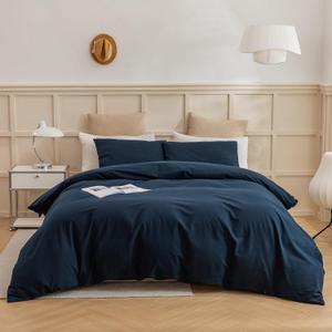 ECOCOTT Navy Blue Duvet Cover Twin Size - 100% Washed Cotton Durable Soft Comfy Duvet Cover Set, 3 Pieces Duvet Cover with Zipper Closure (Navy Blue, 68''x90'')
