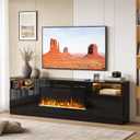 70" Fireplace TV Stand with 36" Electric Fireplace, LED Light Entertainment Center for TVs Up to 80", High-Gloss Door, Modern TV Console for Living Room with Storage Cabinet, Black+Black