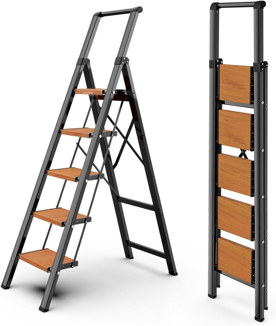WOA WOA 5 Step Ladder, Ladders for Home, Anti-Slip Pedals, Aluminum Step Stool Foldable, Lightweight to Move, Ease of Storage, Reach 10ft for Closet Kitchen Library, Hold 300lbs - Black&Wood Grain