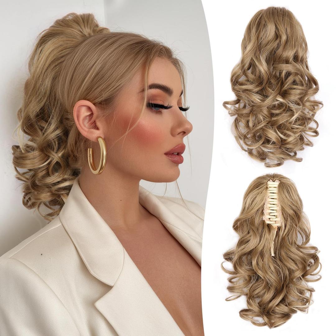 12 Inch Blonde Ponytail Extension - Clip in Ponytail Hair Extensions, Curly Wavy Pony Tails Hair Extensions, Claw Clip Ponytail Extension for Women (Color: Dark Blonde With Beige Highlights)