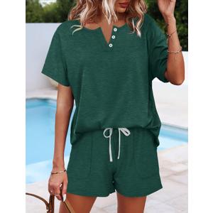 Two Piece Outfits for Women Lounge Sets Button Down Top and Shorts Set Sweatsuits with Pockets (X-Large, Green)