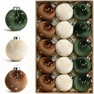 Christmas Tree Ornaments Velvet Balls 15 PCS - 3.15 Inch Velvet Shatterproof Christmas Decorations for Tree Neutral Star Brown Green Ornament Set Holiday Decorations Vintage Hanging Decor