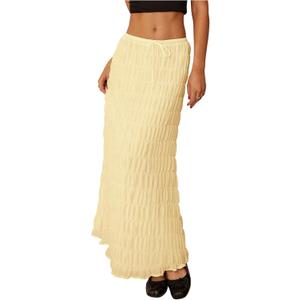 Verdusa Women's Maxi Skirt Shirred Ruffle Textured Pencil Skirt Boho Maxi Long Skirts Going Out (Butter Yellow)