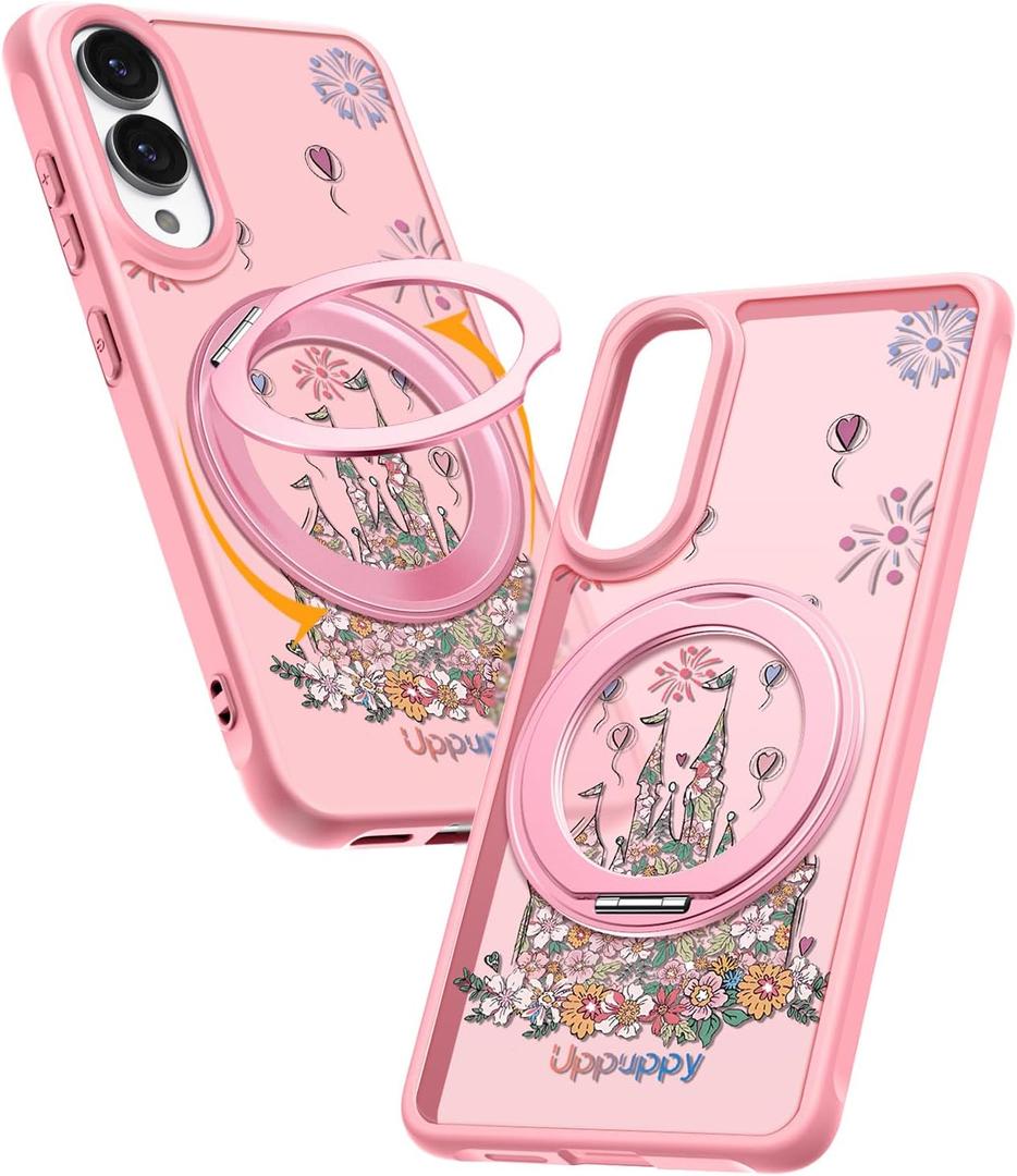 Uppuppy for Samsung Galaxy S25 Edge Case - Compatible with MagSafe for Women Girls Bulit-in 360 Rotatable Magnetic Ring Holder Kickstand Cute Aesthetic Pink Castle Design for Samsung S25 Edge