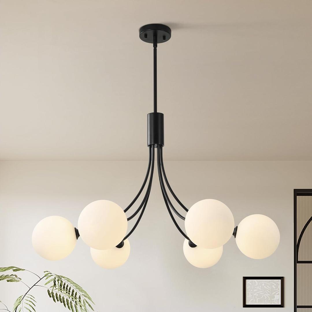 6-Light Modern Farmhouse Black Chandelier, Mid Century Dining Room Light Fixtures Over Table, Hanging Sputnik Chandelier for Kitchen Island Living Room Bedroom Office, Milk White Globe Glass Shade