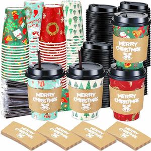 Lallisa 100 Sets Christmas Disposable Coffee Paper Cups Bulk with Lids Sleeves & Straws, 12 oz Red and Greenxmas Snowman Coffee Cups for Hot Cocoa Cold Tea Holiday Party Supplies