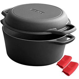 EDGING CASTING 2-in-1 Pre-Seasoned Cast Iron Dutch Oven Pot with Skillet Lid Cooking Pan, Cast Iron Skillet Cookware Pan Set with Dual Handles Indoor Outdoor for Bread, Frying, Baking, Camping, BBQ, 5QT