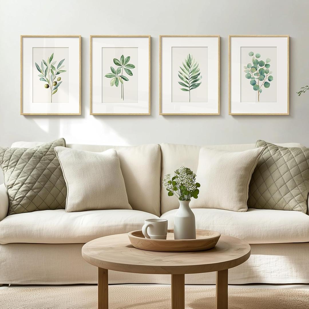 Framed Boho Sage Green Botanical Wall Art for Living Room, Farmhouse Minimalist Plant Artwork for Walls, 4 piece Vintage Leaf Picture Prints for Bathroom Bedroom Kitchen Wall Decor, 12x16 Inch