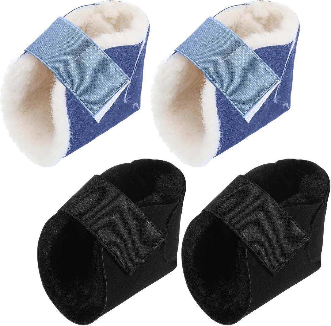 4 Pcs Heel Protector Boot Sheepskin Heel Protectors Soft Foot Cushions Pads with Securing Strap for Protect Feet Ankle Pressure Bed Sores (Black, Blue)