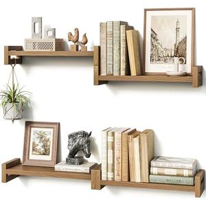 Vailando Set of 4 Natural Poplar Floating Shelves with Natural Grain - Wall Shelves for Living Room, Bedroom, Kitchen - Strong Load Capacity Holds 50lbs/Shelf - 16 Inch