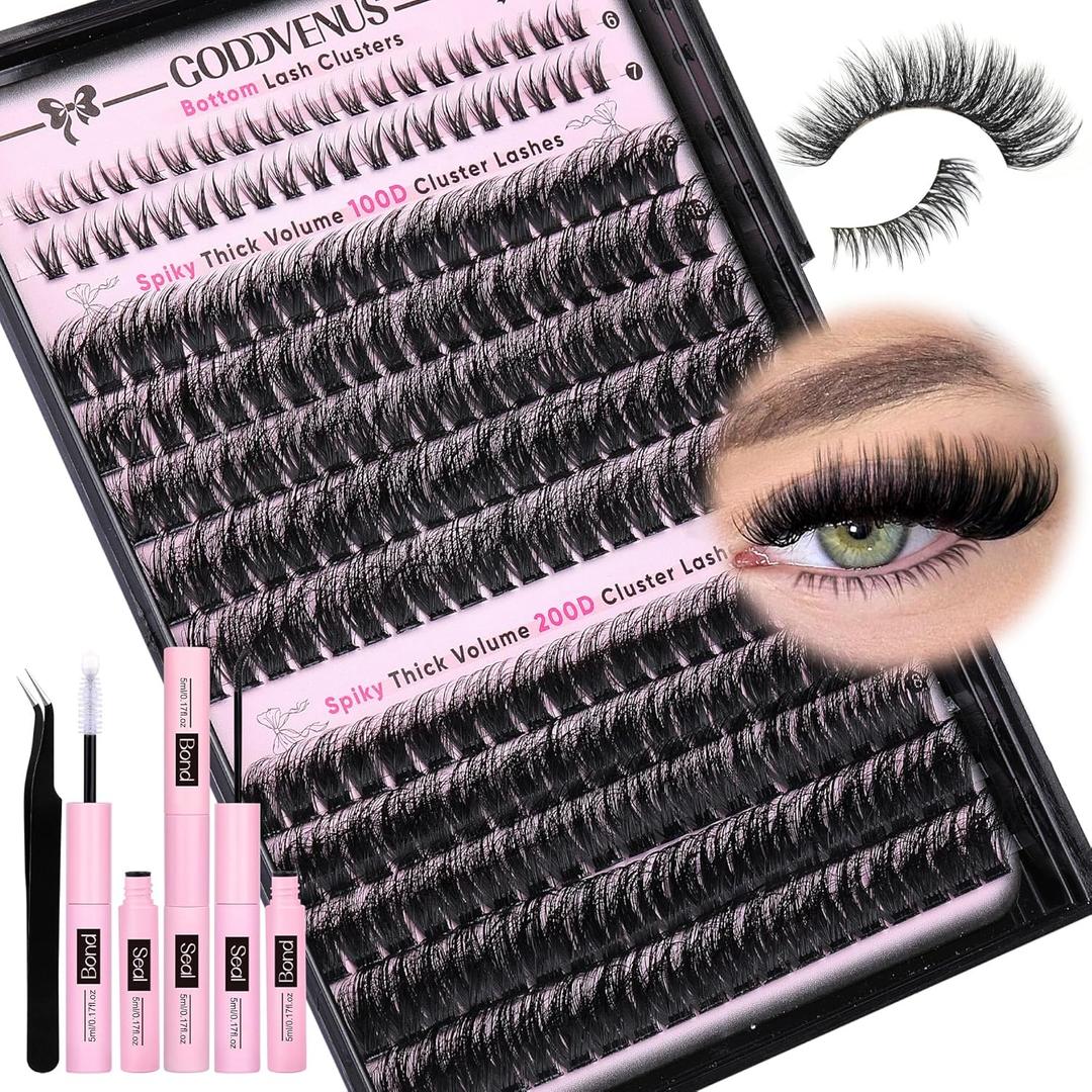 Goddvenus Fluffy Eyelash Clusters Kit Waterproof DIY Lashes Extension Kit Wispy Volume D Curl Cluster Eyelash Extensions Kit Mink Individual Lashes Kits with Bottom Eyelashes (Volume 240pcs D Curl)