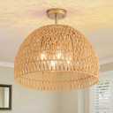 4-Light Rattan Ceiling Light, 20" Semi Flush Mount Boho Light Fixture with Hand-Woven Ratan Shade, Farmhouse Rattan Chandelier Wicker Light Fixture for Kitchen Bedroom Living Room Hallway