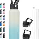 BJPKPK Insulated Water Bottles with Straw Lid, 40oz Stainless Steel Metal Water Bottle with 3 Lids, Reusable Thermo, Keep Cold Hot for Sports, Gym-Mint