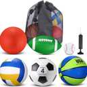 Realspring 6 Pcs Kids Sport Ball Set Includes Official Size Soccer, Basketball, Football, Volleyball, Playground Ball, Baseball with Bag & Pump Back to School Gift for Teens Outdoor Sport Play, 7.9"