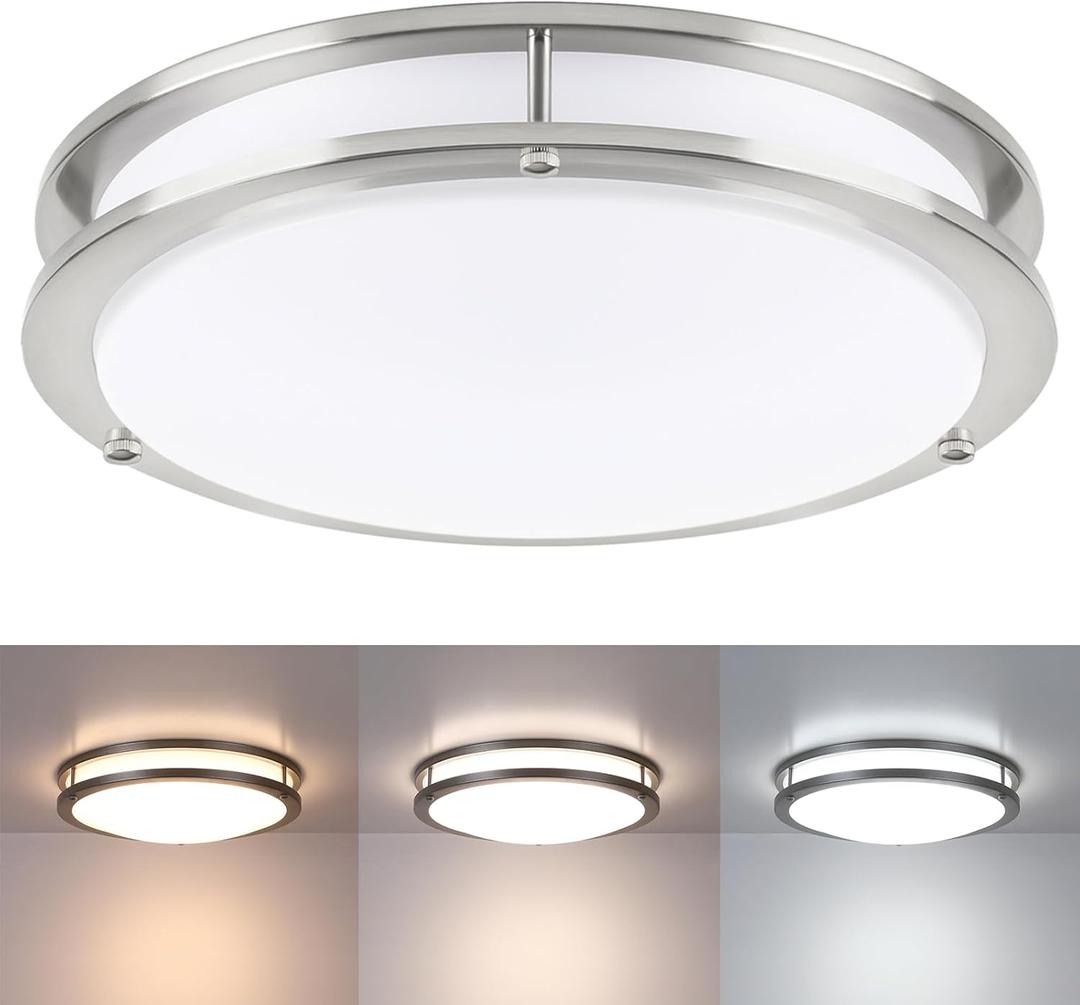 16 Brushed Nickel Flush Mount Ceiling Light Fixture - 16 Inch Brushed Nickel LED Ceiling Light 3000K/4000K/5000K Color Changing Modern Bathroom Fixture for Bedroom,25W