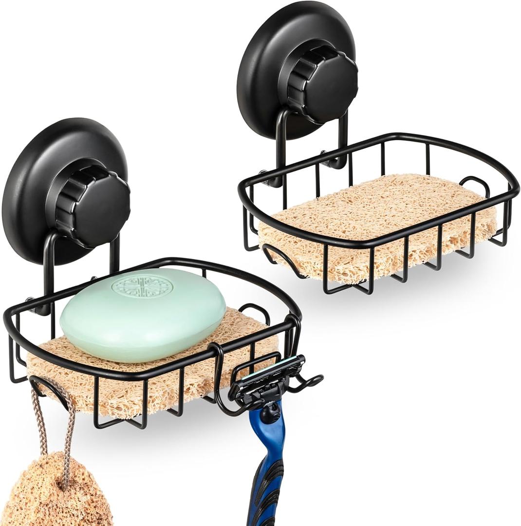 HASKO 2 Pack Suction Cup Soap Dish for Shower Wall, Rustproof Stainless Steel, Shower Soap Holder with Hooks, Includes Optional No Drill Adhesive Mount for Bathroom, 2 Soap Savers, Black