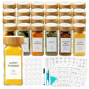 AISIPRIN Glass Spice Jars with 398 Labels, 24 pcs 4oz Spice Containers with Bamboo Lids, Square Spice Bottles With Shaker Lids,Spice Organization for Cabinet,Drawer,Rack,Seasoning Organizer