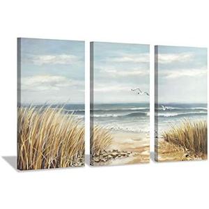 Abstract Beach Canvas Wall Art: Seashore Grasses Artwork Print Seascape Painting for Walls (26'' x 16'' x 3 Panels)