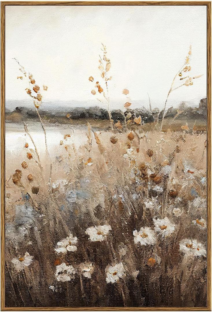 KBKBART Vintage Wall Art Framed, Retro Countryside Autumn Wildflower Field Landscape Canvas Painting Farmhouse Decor Wall Art, Rustic Fall Landscape Bathroom Wall Decor for Bedroom Living Room, Country Field, 16"L x 24"W