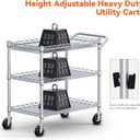 WDT 990Lbs Capacity Heavy Duty Rolling Utility Cart, NSF Rolling Carts with Wheels,Commercial Grade Metal Cart with Handle Bar & Shelf Liner,Trolley Serving Cart for Kitchen,Restaurant,Silver