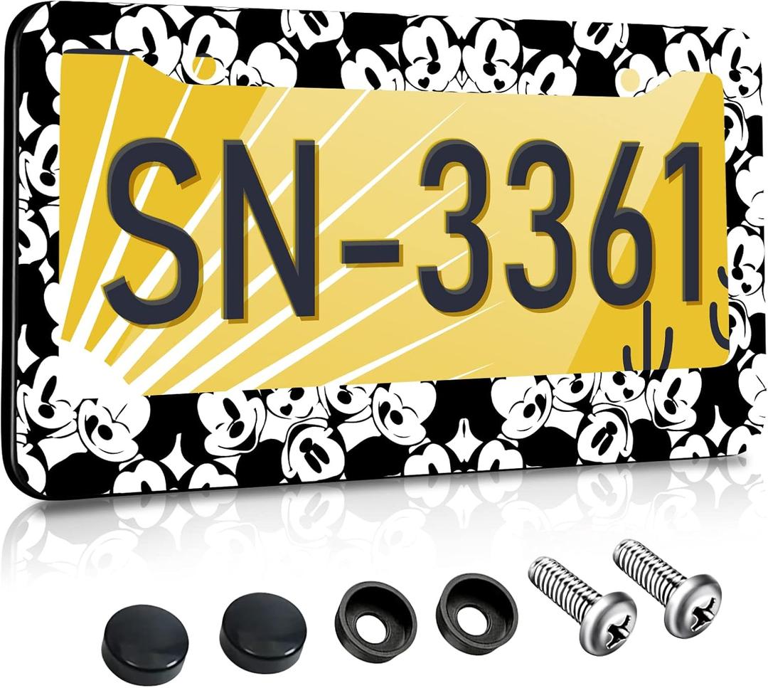 Akkya License Plate Frames for Women Men Car Plate Holder Cover Cute Cartoon Metal Tag Frame Stainless Steel Car Accessories Front Rear Plate Decor(Black & White)