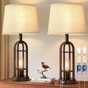 Table Lamps for Living Room End Table Set of 2 - Farmhouse Industrial Bedside Lamps for Bedroom Nightstand with Nightlight and USB A+C, 4 Bulbs Included (2.Button Switch - Oil-Rubbed Bronze)