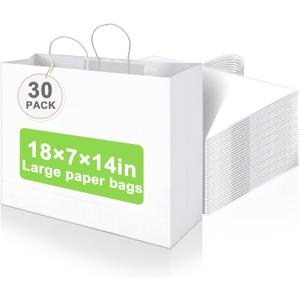 Maitys 30 Pcs 18x14x7 Inch Large Paper Gift Bags with Handle Bulk Paper Bags for Business, Merchandise, Gifts, Shopping, Retail Stores, Birthday Party for Multiple Uses(White)
