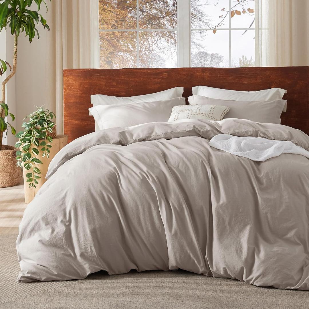 Bedsure 100% Washed Cotton Duvet Cover King Size - Natural Color Minimalist Cotton Duvet Cover for All Seasons - GentleSoft Plain Simple Bedding, 3 Pieces (Natural, King, 104"x90")