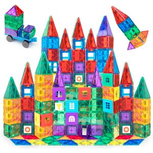 Playmags 150-Piece Magnetic Tiles Building Set  3D Magnet Building Blocks, Creative Imagination, Inspirational, Educational STEM Toys for Kids with 1 Car