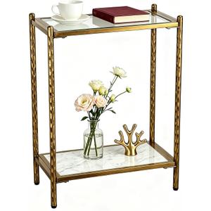 Metal Skinny Side Table with Glass Top & Marble Shelf, Antique Gold Slim End Table with Hammered Frame, Narrow Small Accent Table for Small Spaces, Living Room, Bedroom, 17.5 x 9.1 x 23.6 inches