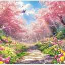 7X5ft Spring Scenery Backdrop Garden Cherry Blossom Tree Path Butterfly Tulip Photography Background Kids Baby Shower Wedding Party Decorations Photo Banner Props