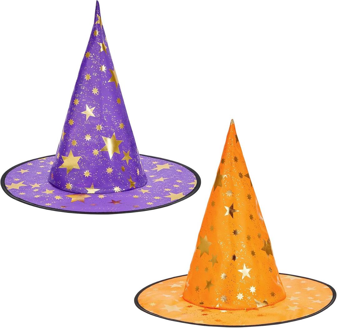 2 x Zando Halloween Kids Witch Hat For Boys Girls Women Star Print Wizard Hat Witch Hat Decoration Witch Accessories (One Size, X Purple & Orange)