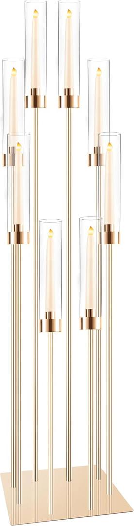 Large Floor Candelabra for Centerpiece: 8-arm Floor Candleholders with Acrylic Shades for LED Candles, Metal Pillar Candelabra Candlestick Holders for Ceremony Party Home Wedding Decoration (Gold)