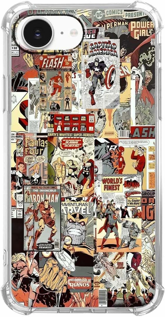 Case for iPhone 16e/17e with Superhero Design,Cartoon Comic Pop Culture Art Collage,Clear Soft TPU Bumper Case,6.1"(Hero,16e)