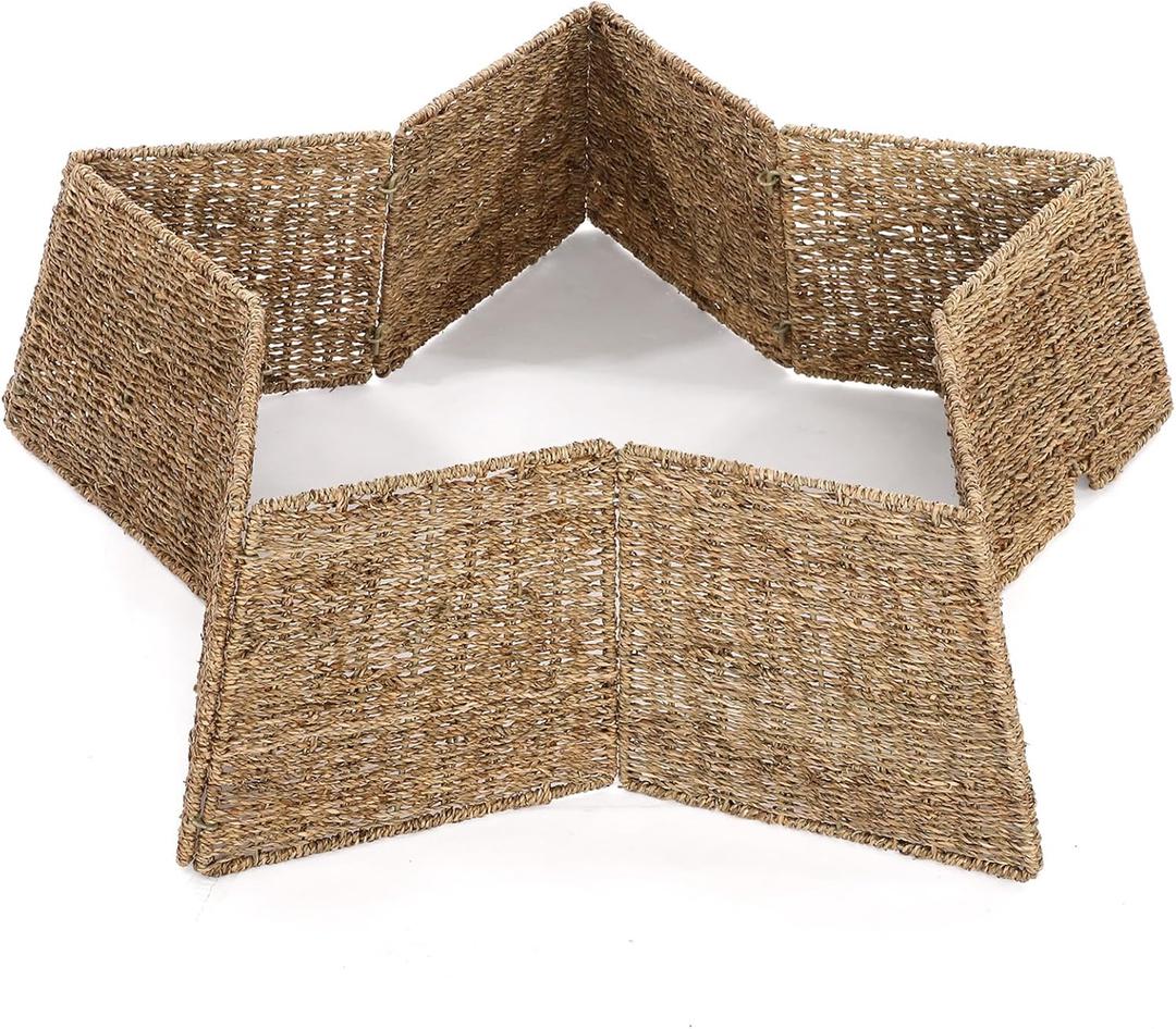 35 Inch Rattan Christmas Tree Collar Star Shape, Large Woven Basket Tree Skirt Base Cover for Holiday Rustic Farmhouse Home Decorations, Natural Seagrass Look Xmas Collar for 6-7.5 ft Trees