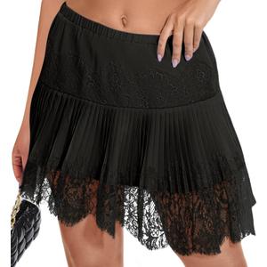 LOMON Women Y2k Mini Slip Skirt with Lace Trim Pleated Ruffle Short Skirts Flowy Club Night Skort Underskirt XL (Black)