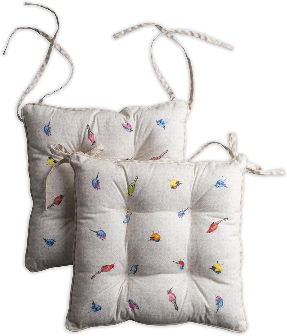 Maison d' Hermine Chair Pads for Dining Chairs Cotton Outer Fabric and Poly Filling 16"x16" Patio Seat Cushions for Furniture with Ties Home Chair Spring Summer (Birdies on Wire, Pack of 2)
