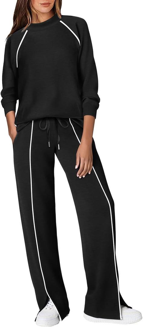 WIHOLL Lounge Sets for Women 2 Piece Fall Outfits 2025 Wide Leg Pant Matching Sets Womens Clothing (Medium, Black)