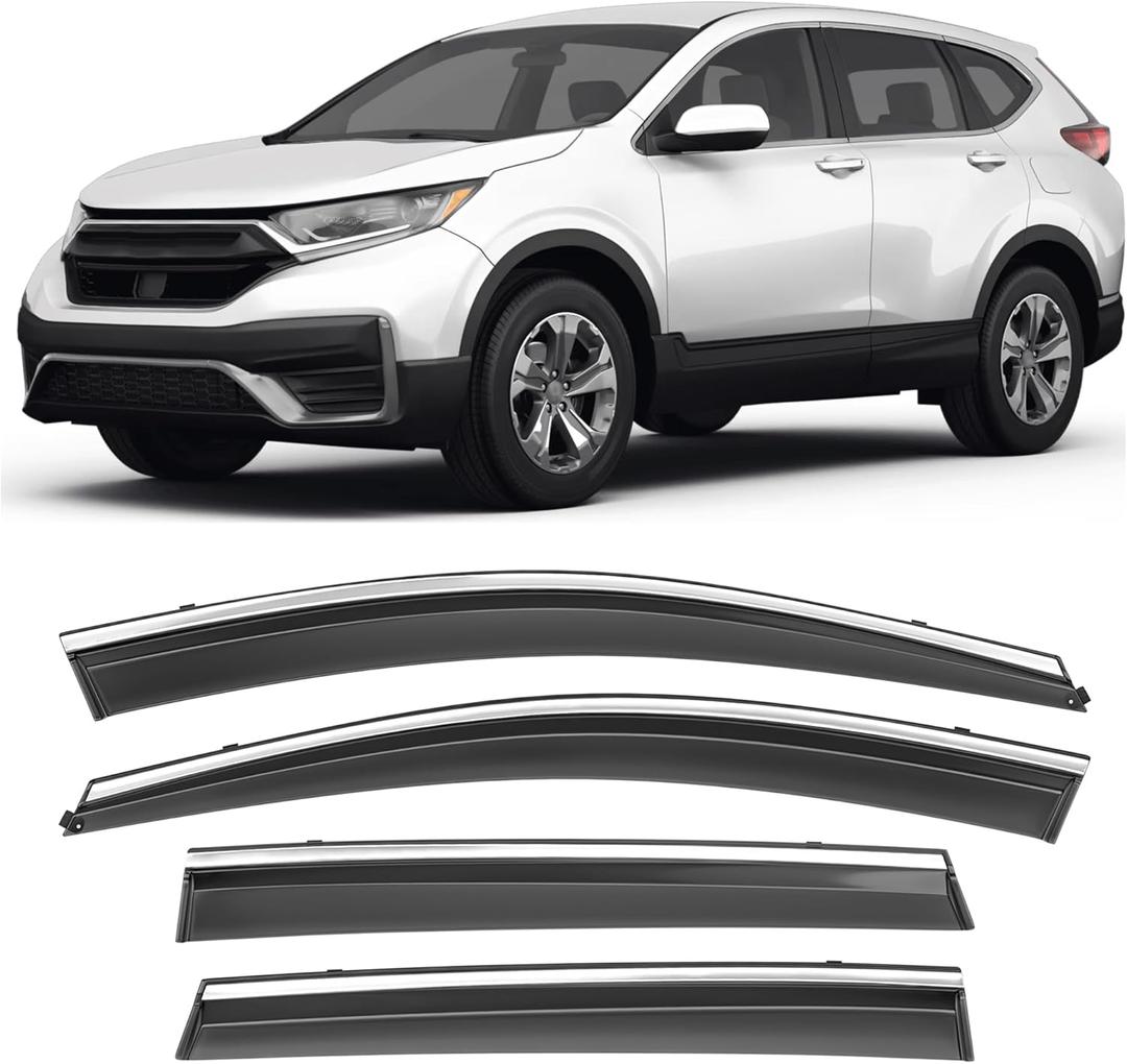 Shatterproof Taped-On Window Deflectors for Honda CR-V 2017-2022 with Chrome Trim, Rain Guards, Window Visors for Cars, Vent Deflector, 4pcs