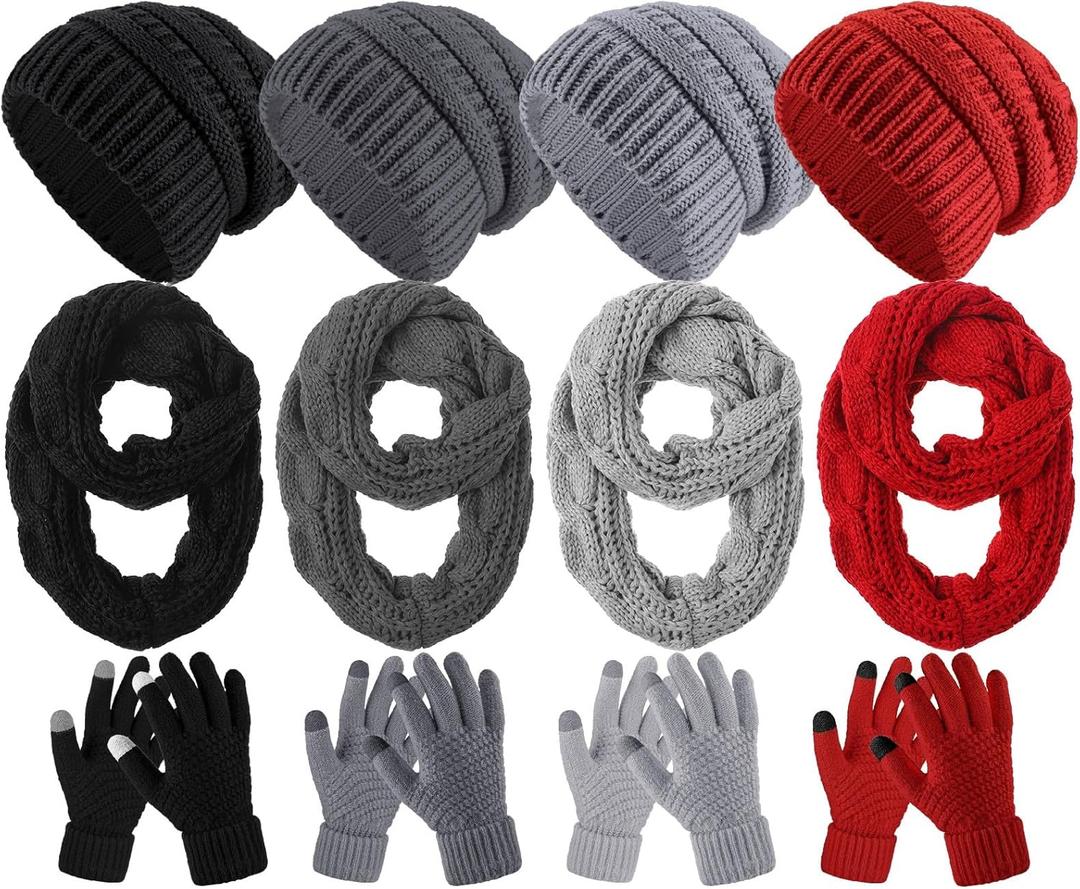 Suhine 16 Pcs Winter Beanie Hat Scarf Gloves Set Women Winter Knitted Hat Circle Scarves Touchscreen Gloves Earmuffs (Gray, Black, Dark Gray, Wine Red)