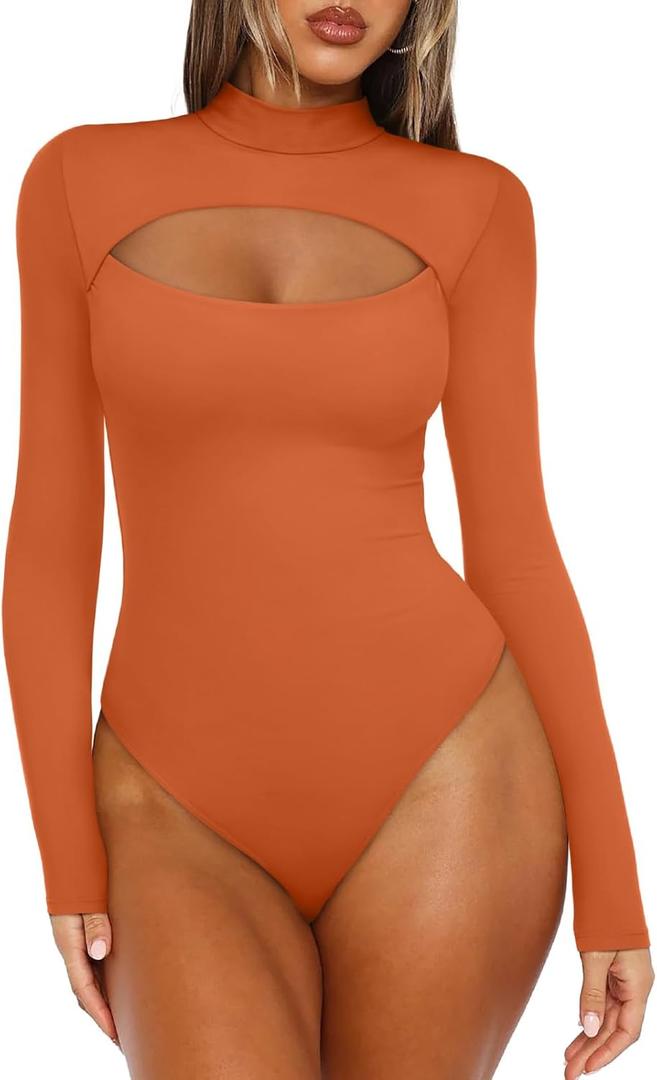 REORIA Women's Mock Neck Cutout Front Bodysuit Trendy Going Out Long Sleeve Body Suits Tops Fall Outfits 2025 (Medium, Pumpkin Orange)