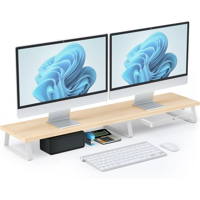 Large Dual Monitor Stand Riser - Monitor Stand for 2 Monitors, Wooden Computer Stand For Desk with Metal Legs, Desk Organizers and Storage With Drawer, Desk Shelf for Computer/Laptop/Printer/TV, Oak