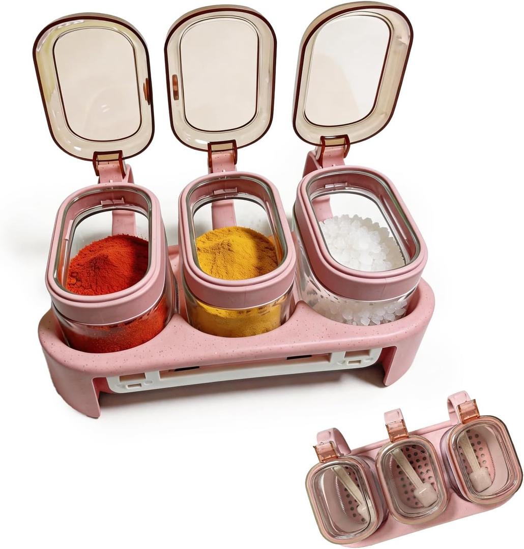3 Pcs Pink Glass Spice Jars Set, Pink Glass Containers Spice Storage with Lids, Spoons & Handles, Seasoning Containers for Coffee Bar, Kitchen Organization